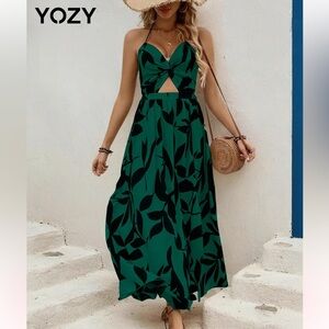 Elegant Green Leaf Print Halter Dress (never worn!)